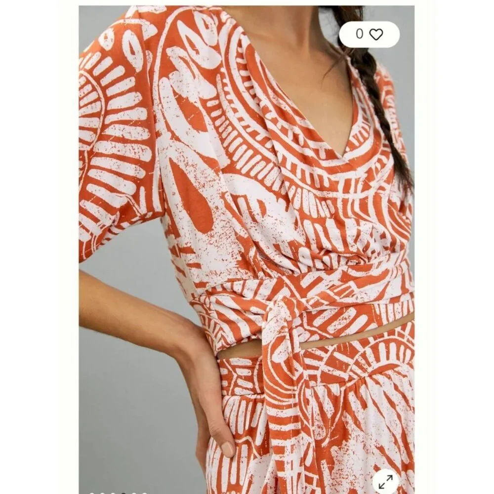 Anthropologie Bodi Blouse Sz M Faux Wrap Tie Cropped Orange Boho Short Sleeve